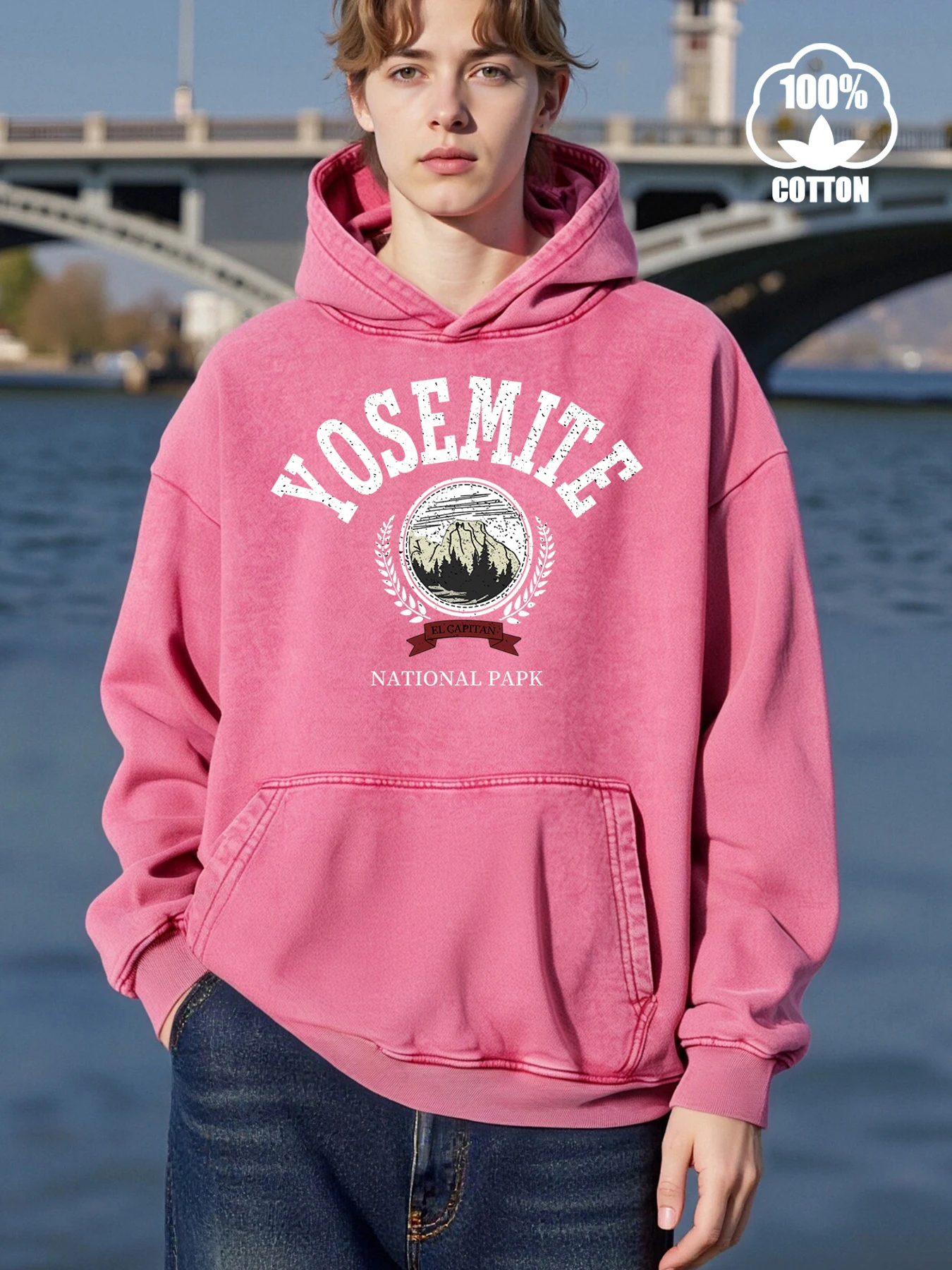 Yosemite Park Print Herren Washed Hoody Pocket Fashion Pullover Lässiger übergroßer Hoodie Bequeme All-Match-Kleidung aus Baumwolle