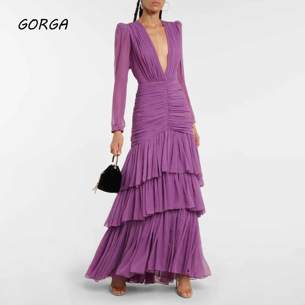 

GORGA Simple Purple Deep V-Neck Tiered Mermaid 2024 Slim Chiffon Long Sleeves Ocassion Gown Floor-Length Formal Evening Dress