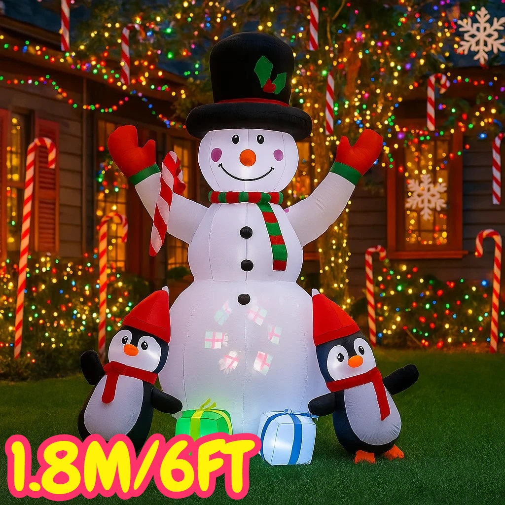 6フィートのクリスマスデコレーションおもちゃ、クリスマスデコレーション、膨らませる雪だるま、ペンギン、キャンディケインのおもちゃ、家の庭の飾り、LED装飾付き