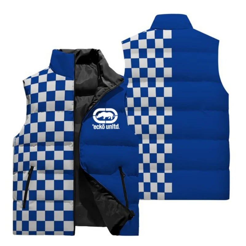 Men Warm Padded Sleeveless Vest Ecko Unltd Rhino Graphic Orange White Polka‑dot Patchwork Zipper Pocket Street Hip‑hop Waistcoat