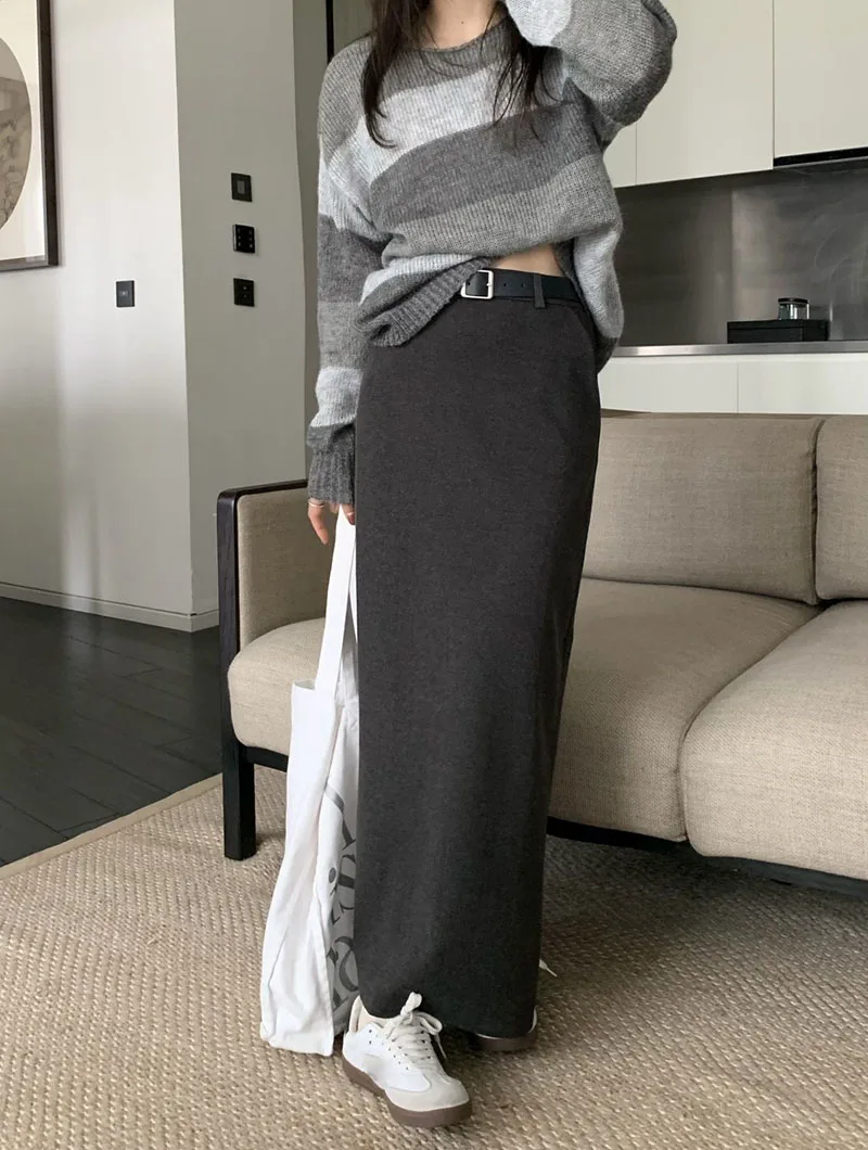 High Quality Woolen Maxi Skirts Female Elegant Chic High Waist Loose A-Line Skirts Women Vintage Streetwear Split Long Skirt
