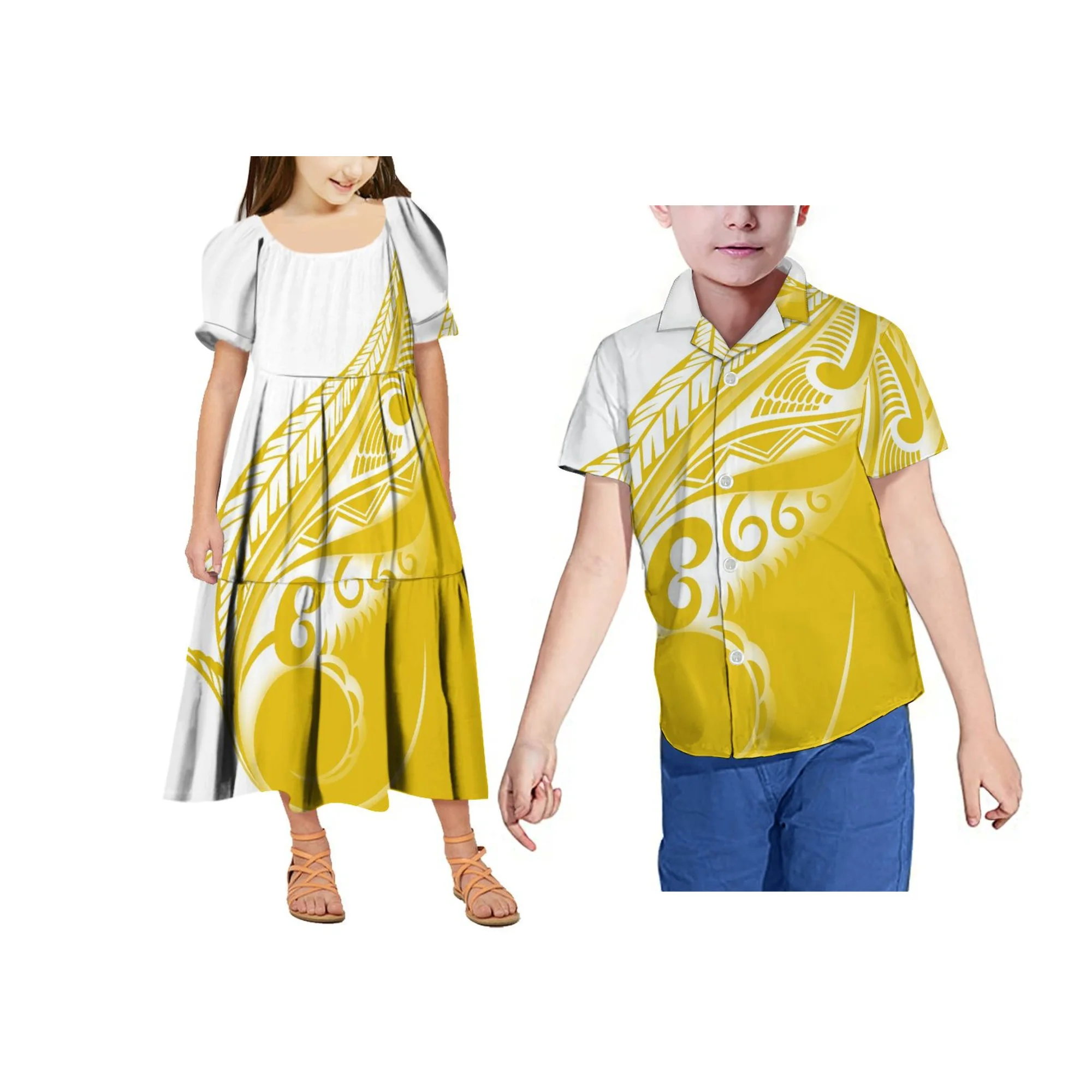 Novo estilo havaiano polinésia tribal impressão personalizado verão bebê menina vestido de manga curta inchado em camadas crianças vestido casual
