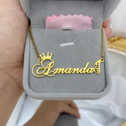 Collar con nombre personalizado para mujer, colgante de acero inoxidable con forma de corona y mariposa, caja con cadena, regalo de joyería, envío gratuito