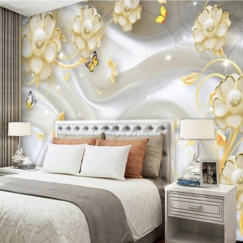 Pearl White warm silk pearl flower butterfly noble TV luxurious home decoration bedroom Wallpaper For Walls In Rolls  paper