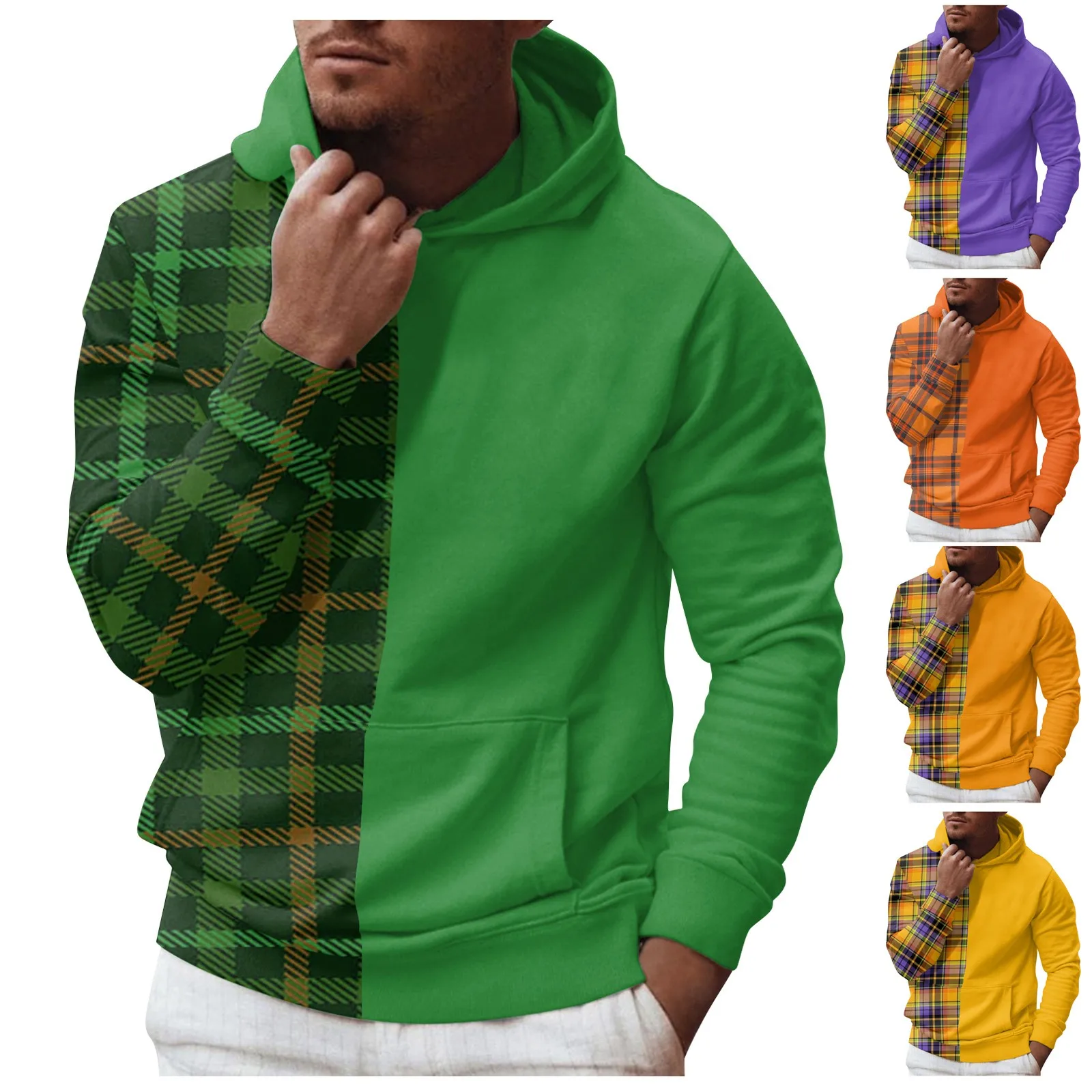 men hoodies top Casual Plaid Sweatshirt Hooded Long Sleeve Loose Tops man Harajuku Checkered pocket Blouse Oversized Clothes