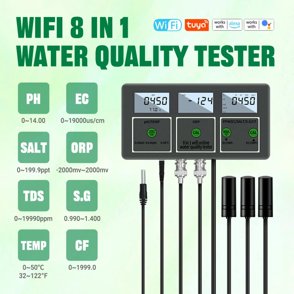 

Tuya APP Controlled 8-in-1 Water Quality Meter - WiFi Enabled PH/EC/TDS/ORP/SALT/SG/TEMP/CF Monitor with Data Export Function