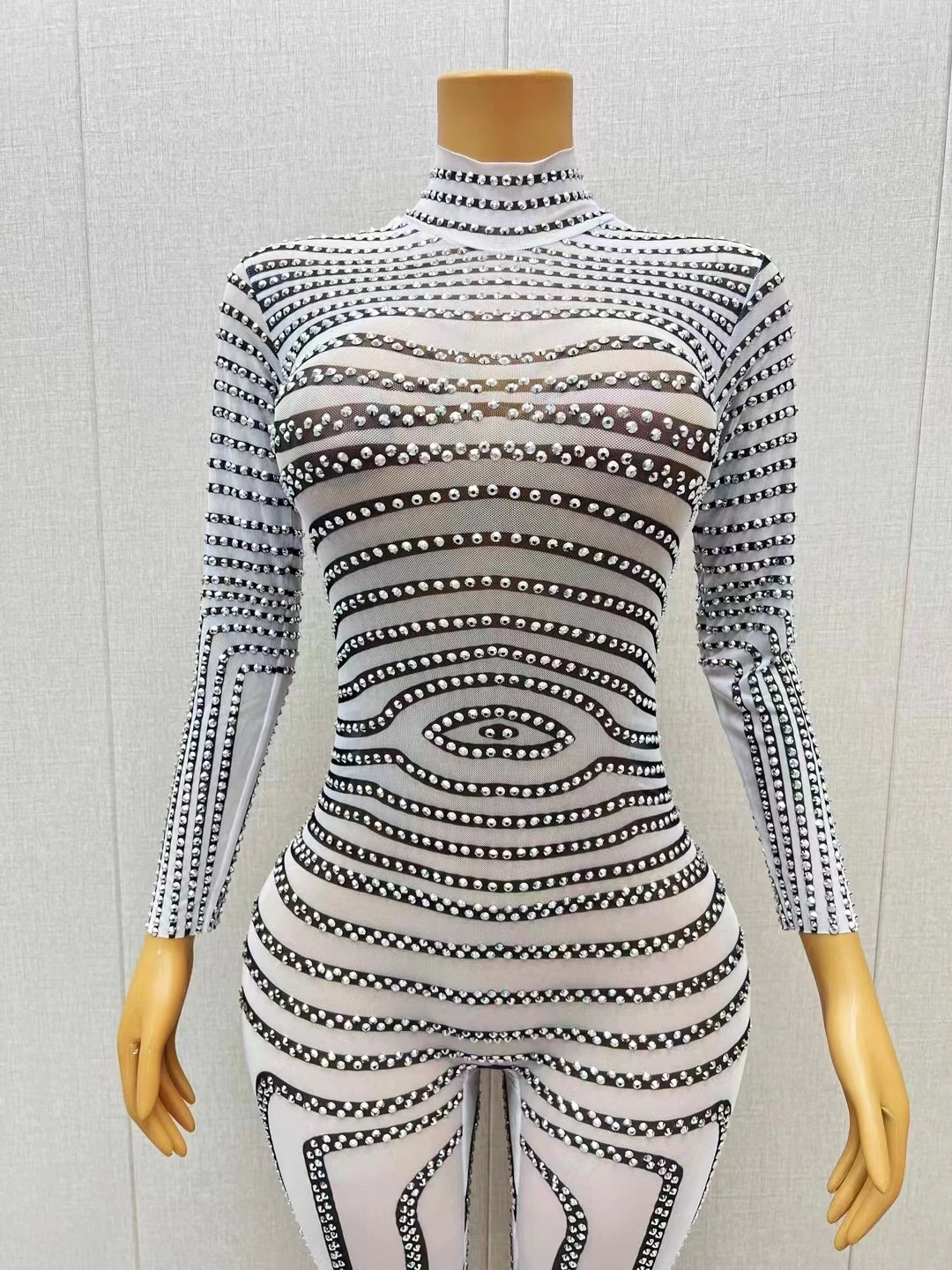 Black White Strips Rhinestones Jumpsuit Women Transparent Mesh Long Sleeve Stretch Tight Bodysuit Costume Birthday Party  Outfit