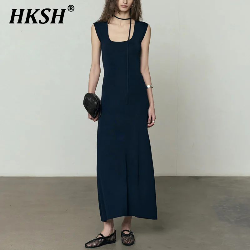 

HKSH Spring Summer New Women Tide Streetwear Y2K Elegant Temperament Fashion Patchwork Knitted Sleeveless Long Dress Ins HK5173