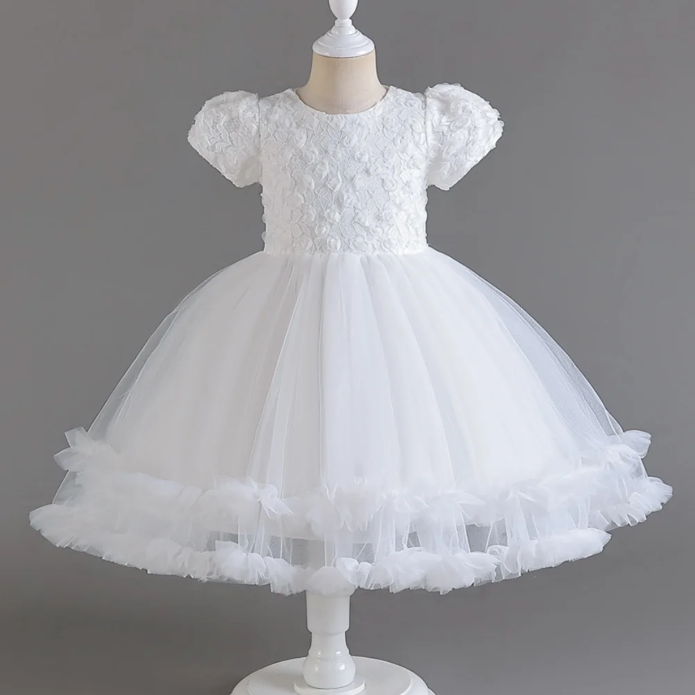 

New Children's Princess Skirt 3D Rose Mesh Fluffy Skirt Bubble Sleeves Christmas Family Party Fashion Girls' Dress