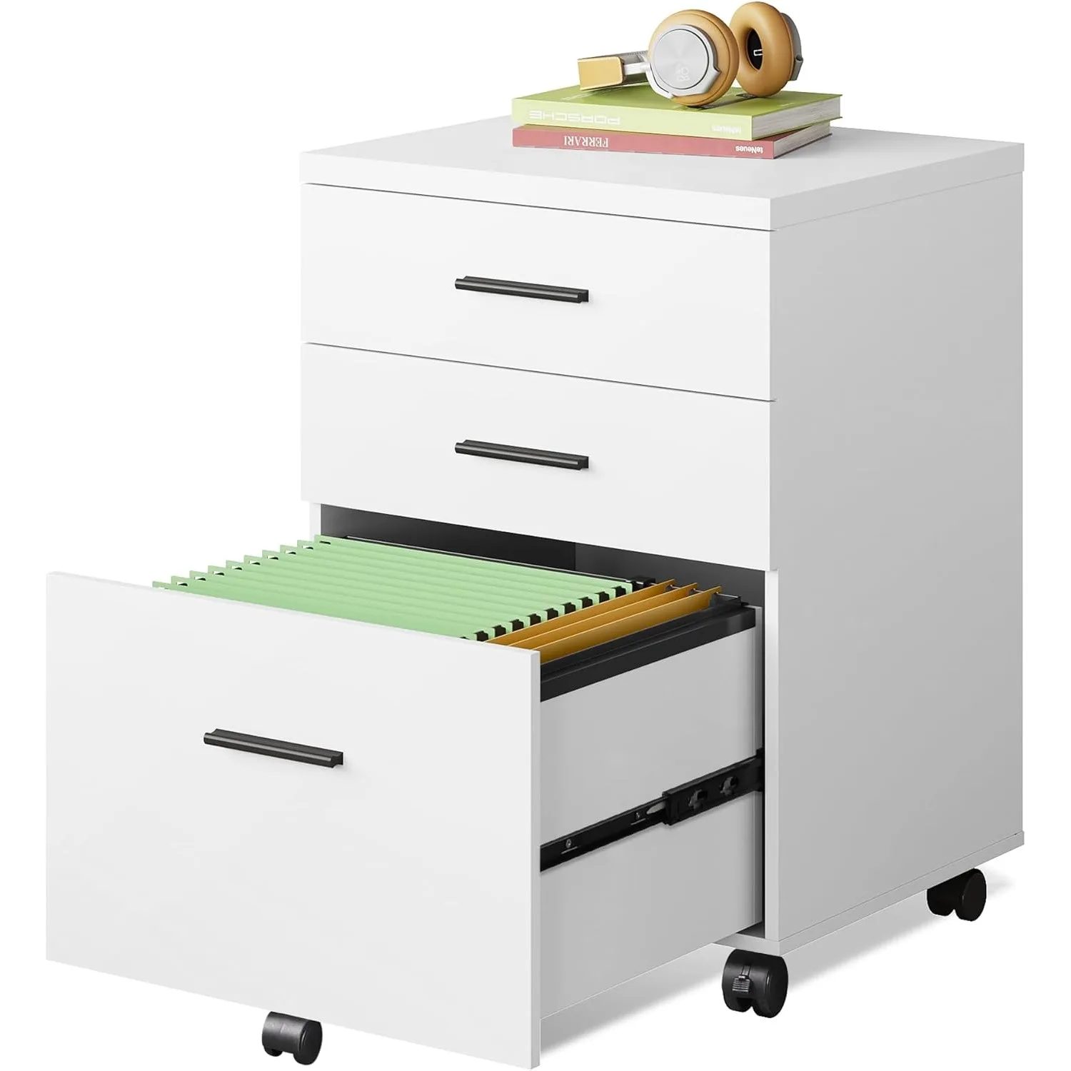 

3-drawer filing cabinet, suitable for home offices, wooden under desk filing cabinet, rolling printer rack with wheels, white
