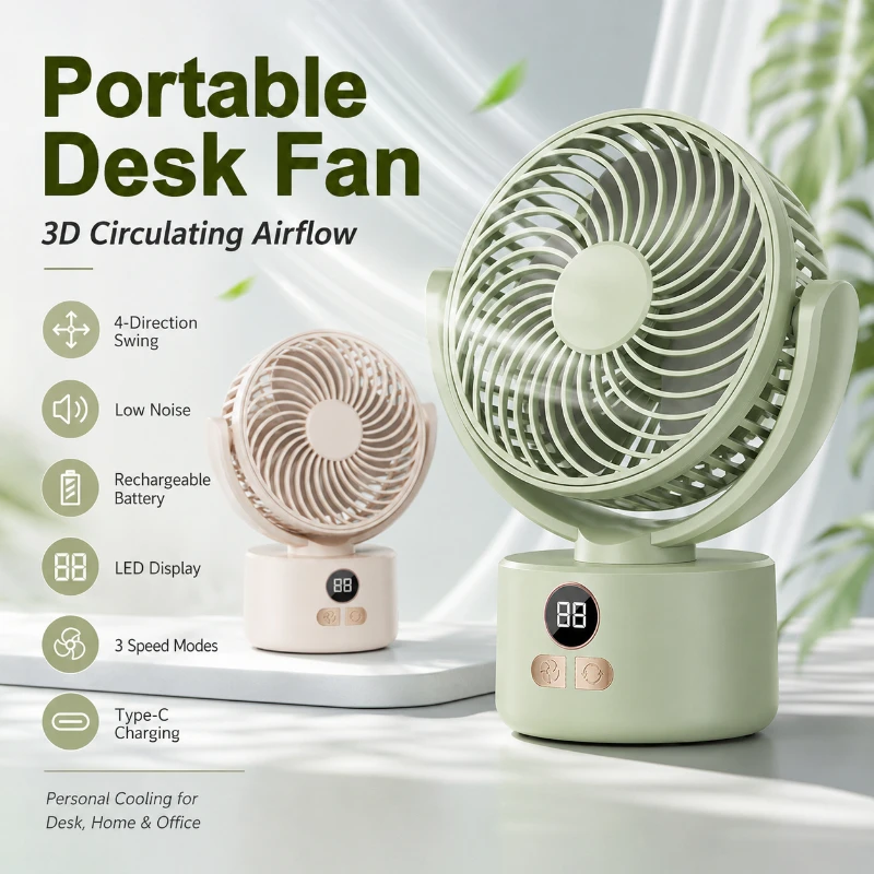 White Green Table Fan 3D Circulating Airflow 4 Direction Swing Low Noise Rechargeable Personal Cooling Fan Indoor Desk Usage