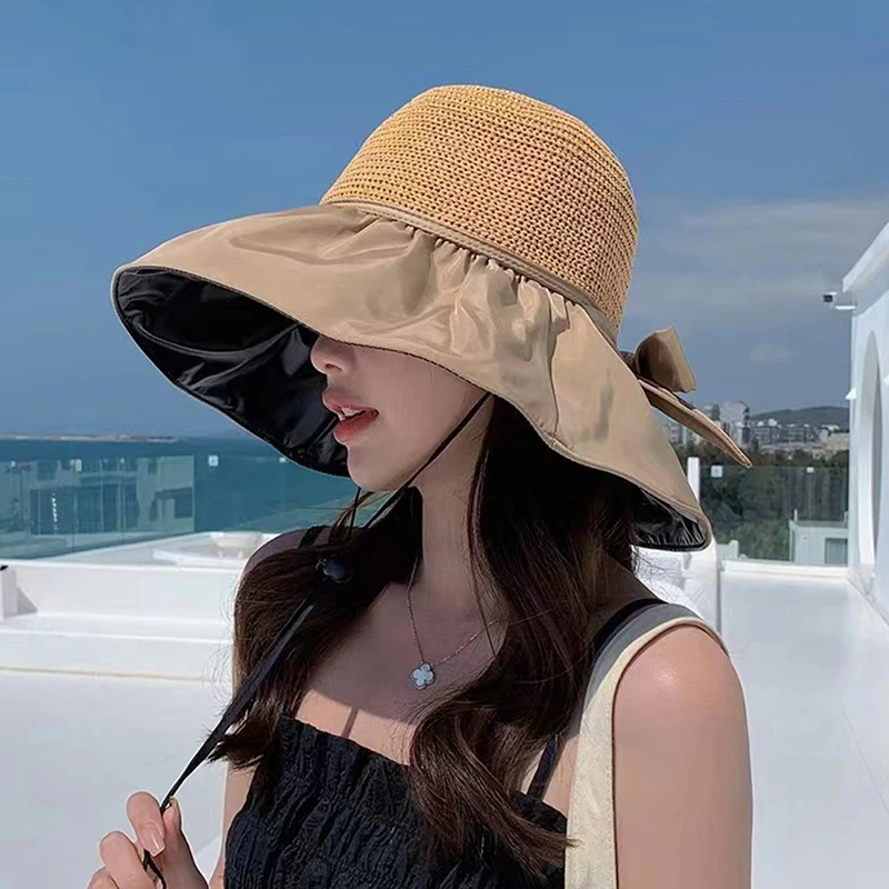 Summer New Women Bucket Hat UV Protection Sun Hats Solid Color Soft Foldable Wide Brim Outdoor Beach Panama Cap Ponytail Caps