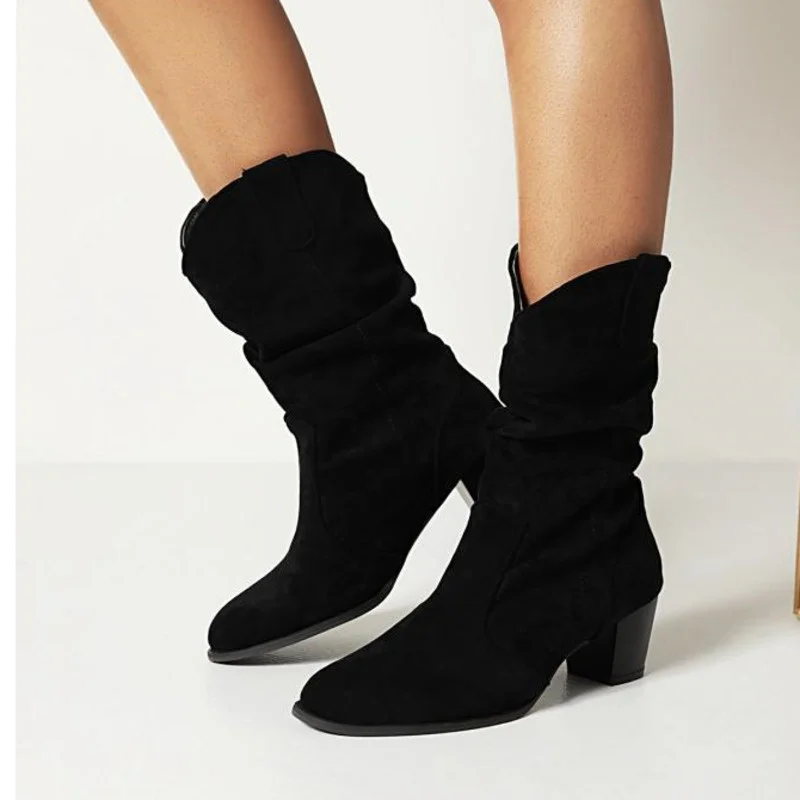 

Black Mid Calf Boots For Women Fashion Fold Western Cowboy Boots