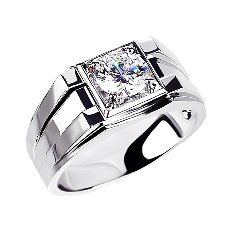 Classic Bold Men's Zircon Solitaire Ring Sturdy Stereo Band Daily Business Wedding Statement Male Fashion Jewelry Gift