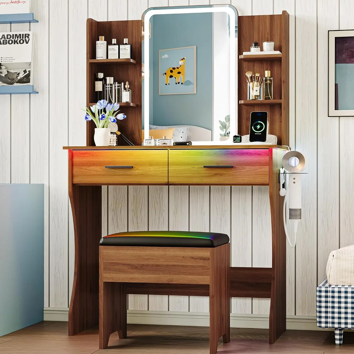 Walnut Vanity Desk LED Mirror Power Outlet Storage Drawers Chair Lighting Modes Adjustable Brightness Dressing Table