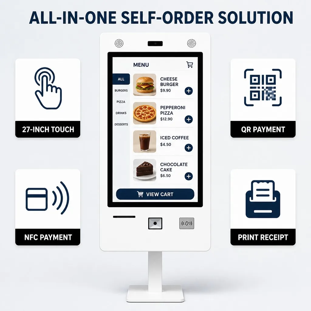 27 Inch Self Service Food Ordering Kiosk Automatic Touch Screen Kiosk Self Ordering Machine for Restaurant