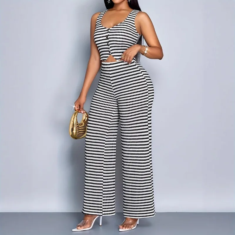 

Summer New European American Women's Clothing Striped Sleeveless V-neck Vest and Pants Set Exquisite Simple Casual Temperament
