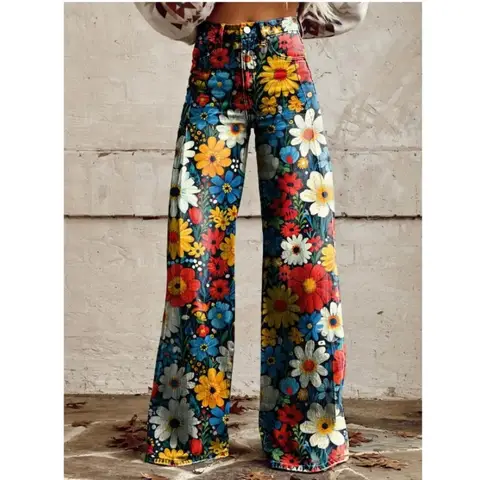 Cross-border AliExpress European  American Trade Large-sized Women's Fashion Casual Thin Imitation Jeans Wide-leg Long Pants