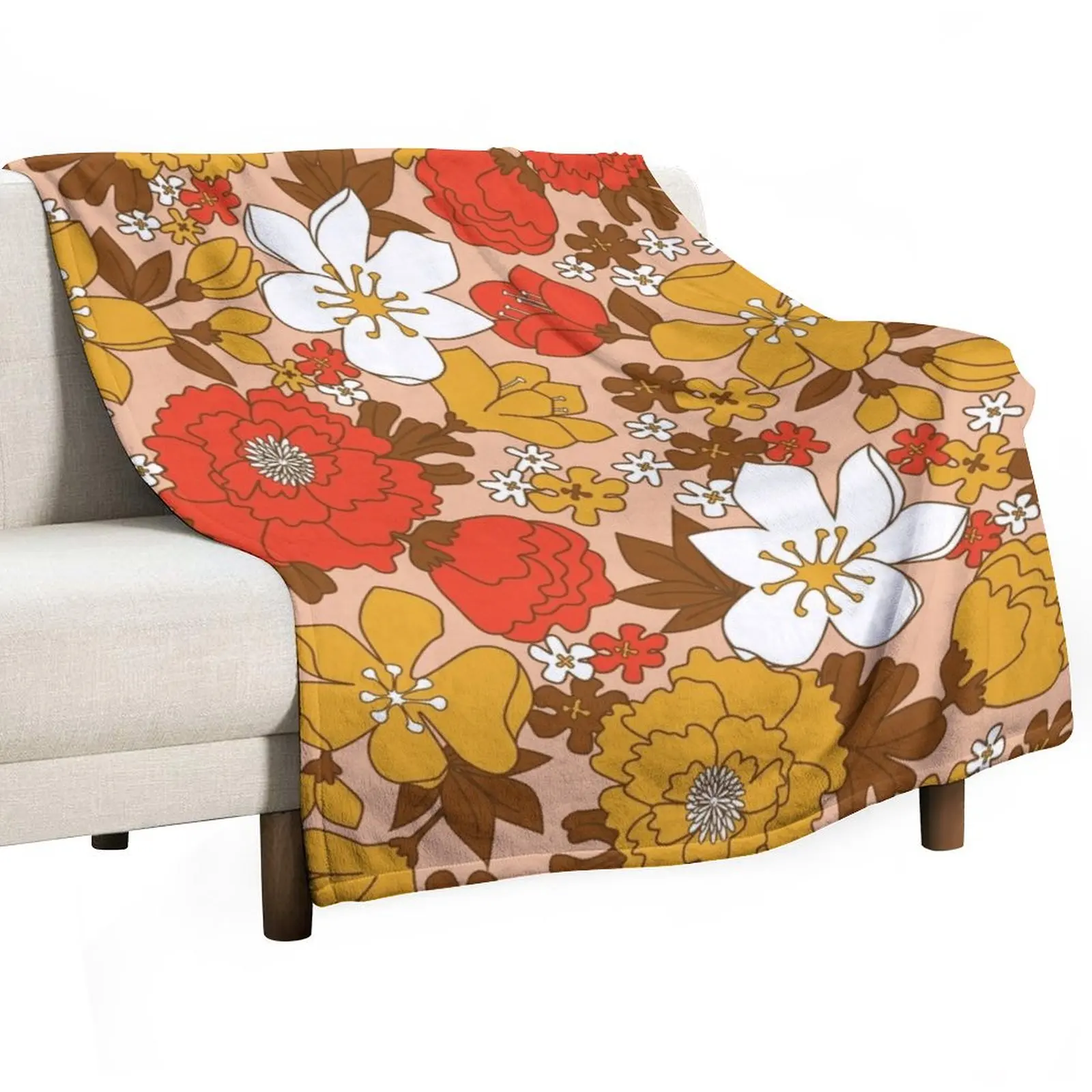 

Orange, Yellow, White and Brown Retro Floral Pattern Throw Blanket Camping Thins Fashion Sofas Decorative Throw Blankets