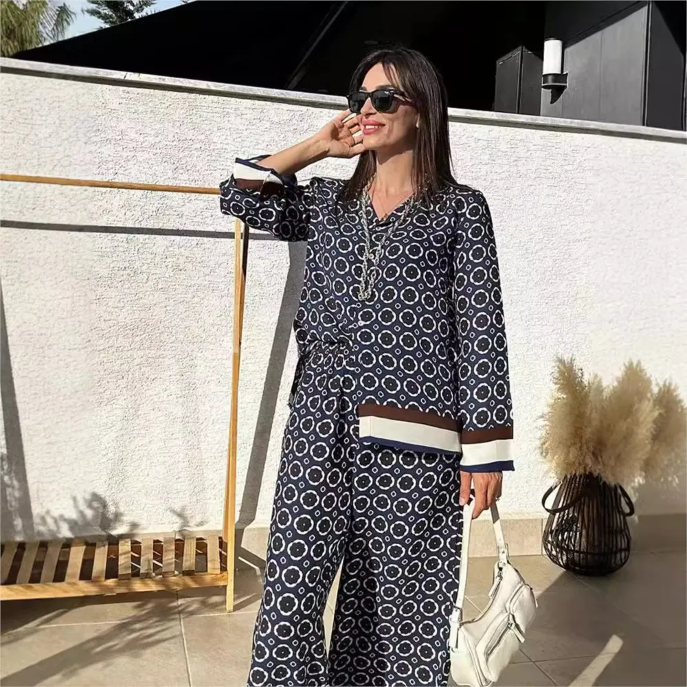 

Vintage Printed Pant Sets Spring Autumn Women Shirt + Wide Legs Trousers Two Piece Set Fashion Trendy Streetwear Lady Suits 2025