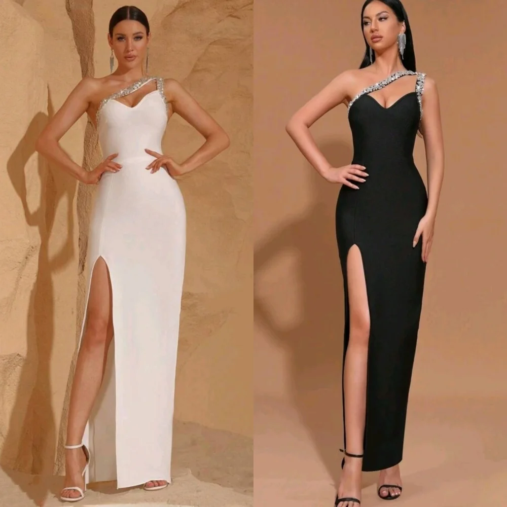 

Customized Matching Modern Style Jersey Rhinestone Straight One-shoulder Long Dresses Bespoke Occasion Dresses High Quality Sexy