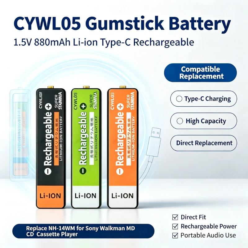 CYWL05 1.5V 880mAh Gumstick Li-ion Battery Type-C Charging For Sony Walkman MD CD Cassette Player Replace NH-14WM