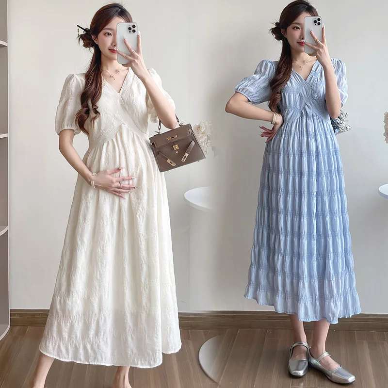 

High Waist V-neck Short Sleeve Pregnant Woman Elegant Dress Pregnancy Clothes Loose French Style Summer Maternity Pleated Dress