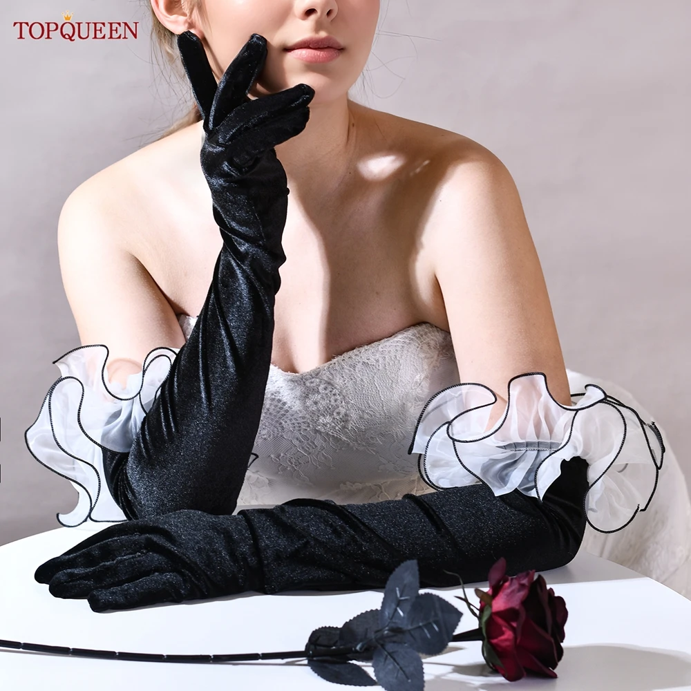 TOPQUEEN Black Bridal Elbow Gloves Organza Flower Border Vintage Aesthetic Gloves Stage Performance Party Accessory T02