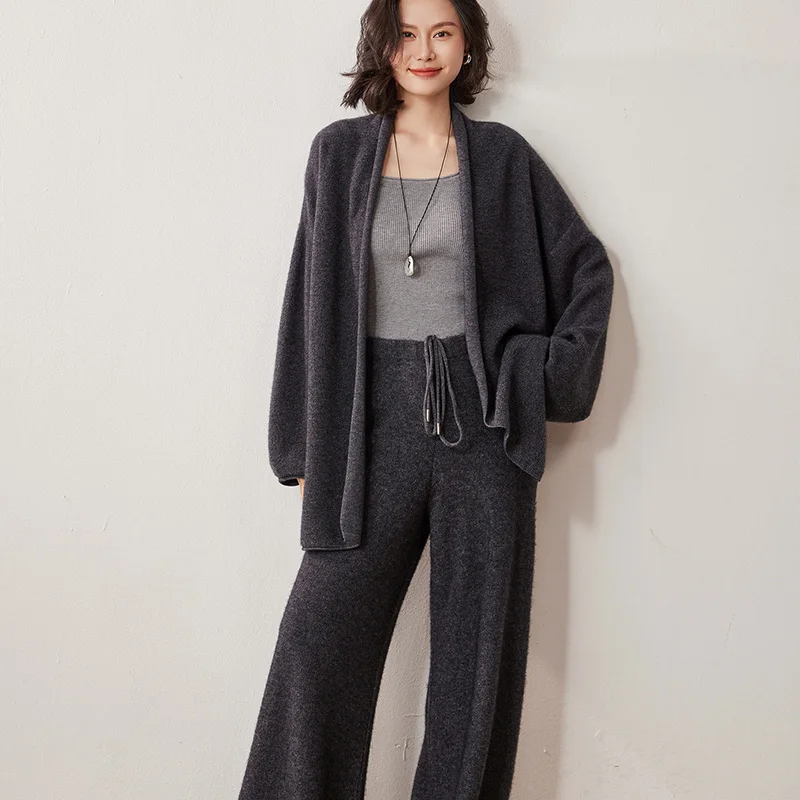 Autumn Winter 100% Pure Cashmere Set Fashion Loose Knitted Buttonless Cardigan Casual Cashmere Pants Wide-Leg Pants Women's Set