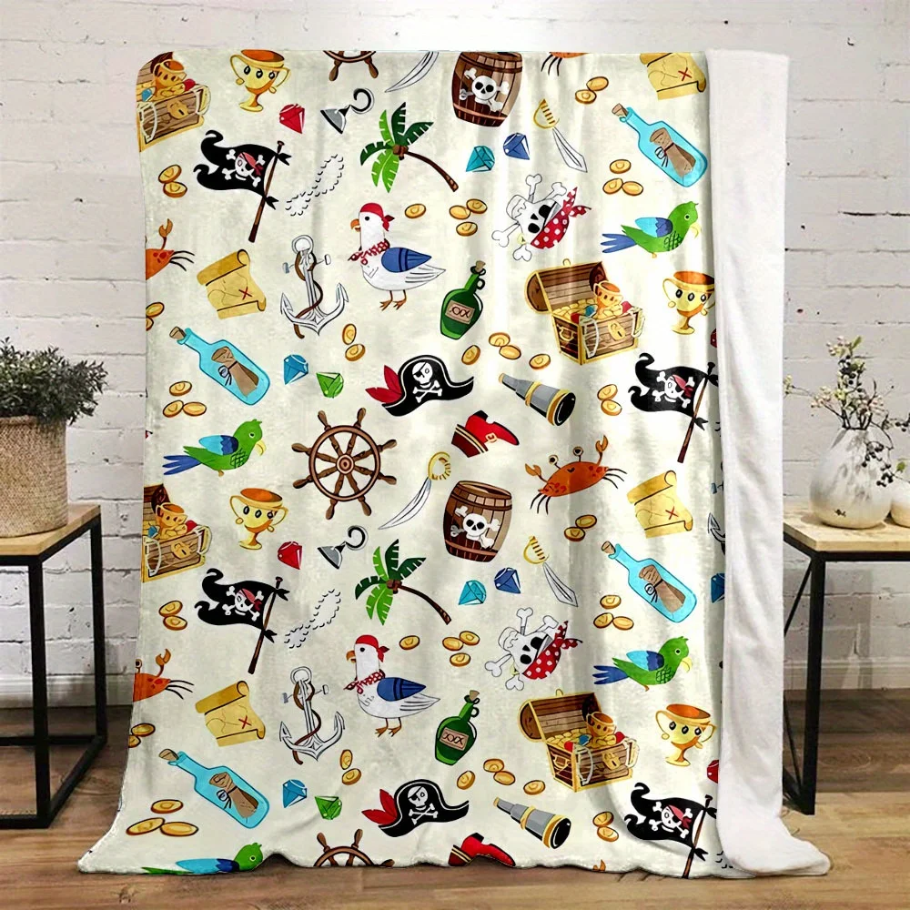 Pirate-Themed Reversible Flannel Throw Blanket – Soft, Cozy, and Vibrant with Ocean Drift Bottle & Pirate Design – Perfect for