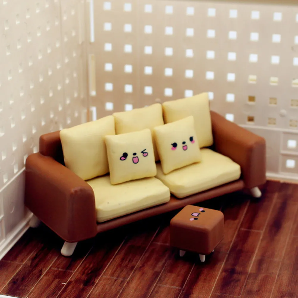 

1Set Miniature Sofa Stool Set Adorable Tiny House Decor for Crafting Cozy Micro Living Room Layout Space-Saving Style