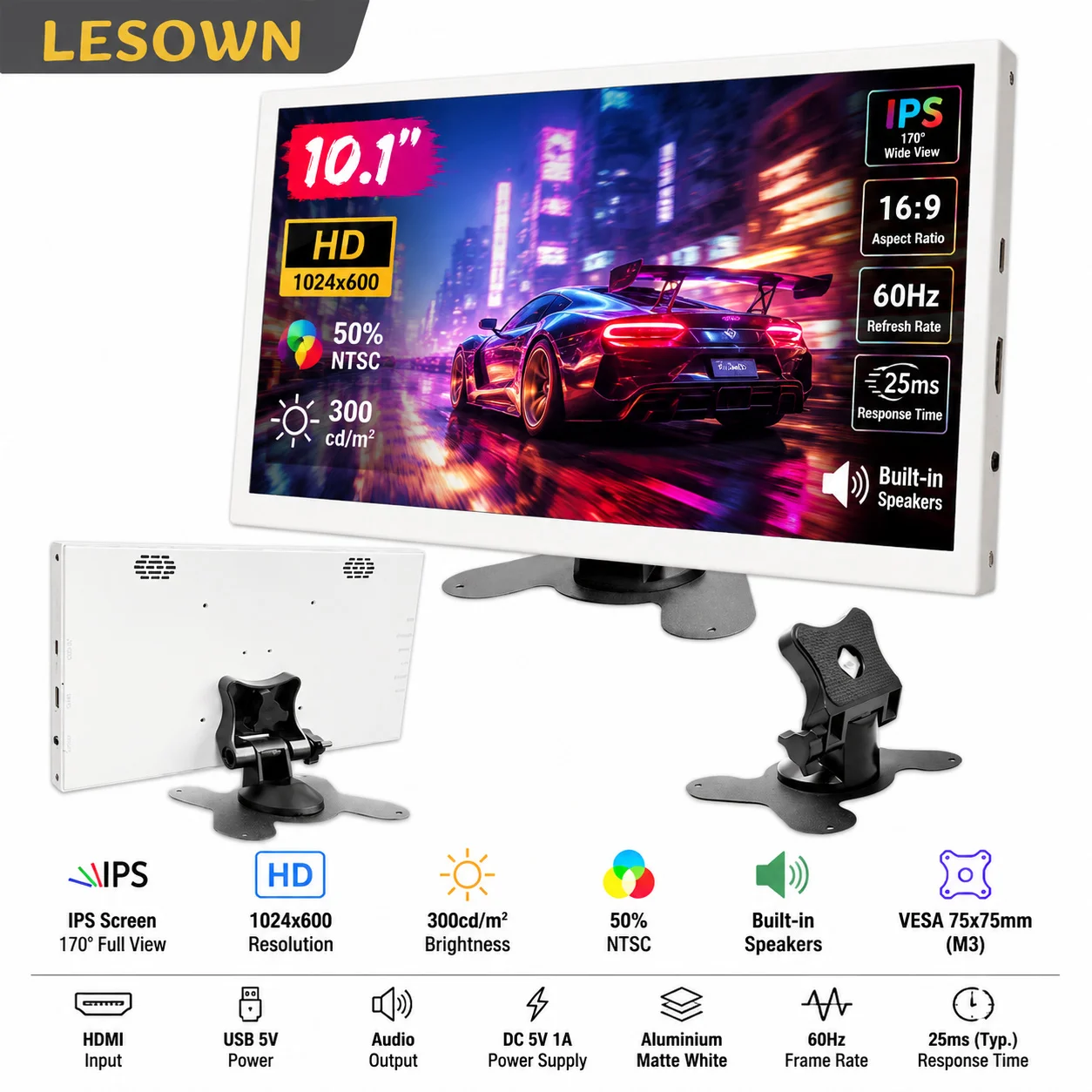 LESOWN 10.1" White Driver-free Monitor 1024x600 Aluminum HDTV Display Plug and Play PC Laptop Secondary Screen 60Hz VESA