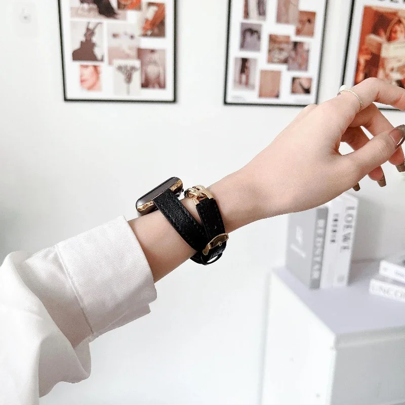 حزام من الجلد لساعة أبل 38 مللي متر 40 41 42 44 45 46 49 مللي متر سوار نسائي نحيف لسلسلة iWatch 10 9 8 7 se 6 5 4 3 Ultra 2