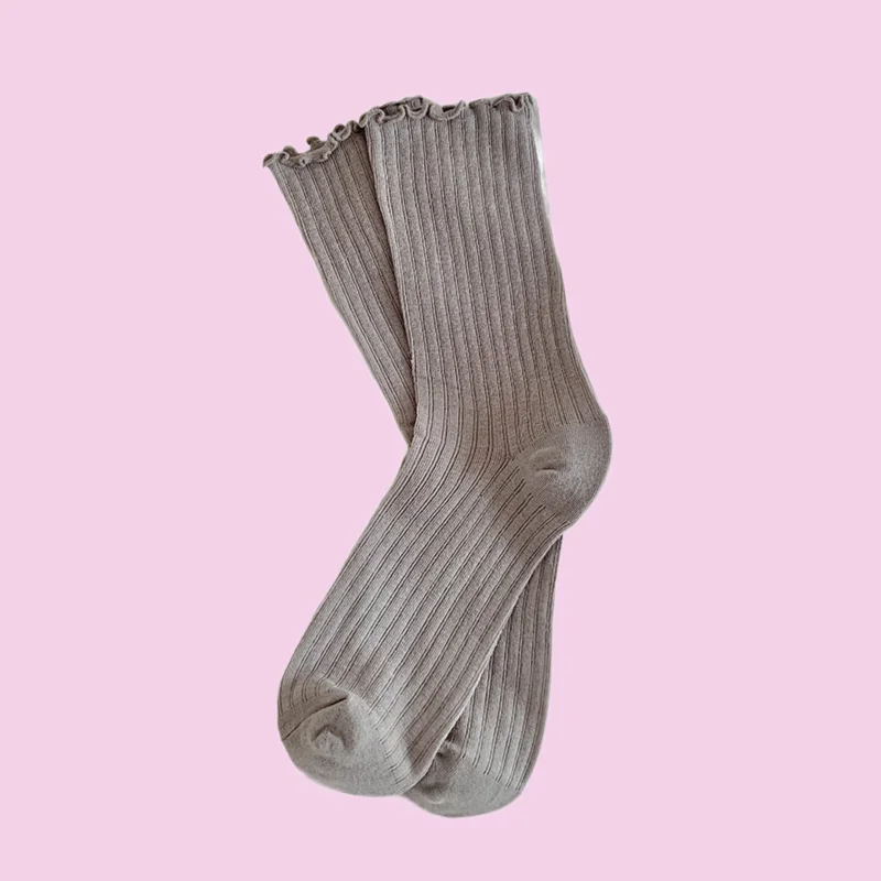 

3/6 Pairs 2024 New Thin Breathable Vertical Striped Wood Ear Edge Pile Socks Solid Color Boneless Middle Tube Cotton Socks