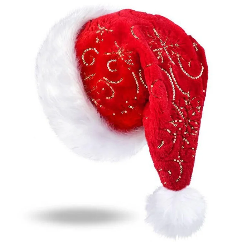 Winter-Plüsch-Weihnachtsmütze mit goldenen Pailletten, Party-Outfit, bestickte Mütze, Weihnachtsdekoration