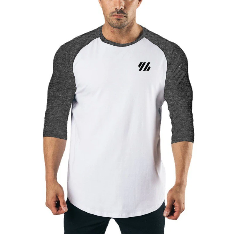 Men\'s Three Quarter Sleeves Cotton Slim Fit Shirts Fashion Color Contrast Sportswear Gym Bodybuilding Fitness Workout T-Shirts