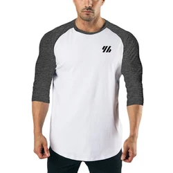 Men's Three Quarter Sleeves Cotton Slim Fit Shirts Fashion Color Contrast Sportswear Gym Bodybuilding Fitness Workout T-Shirts