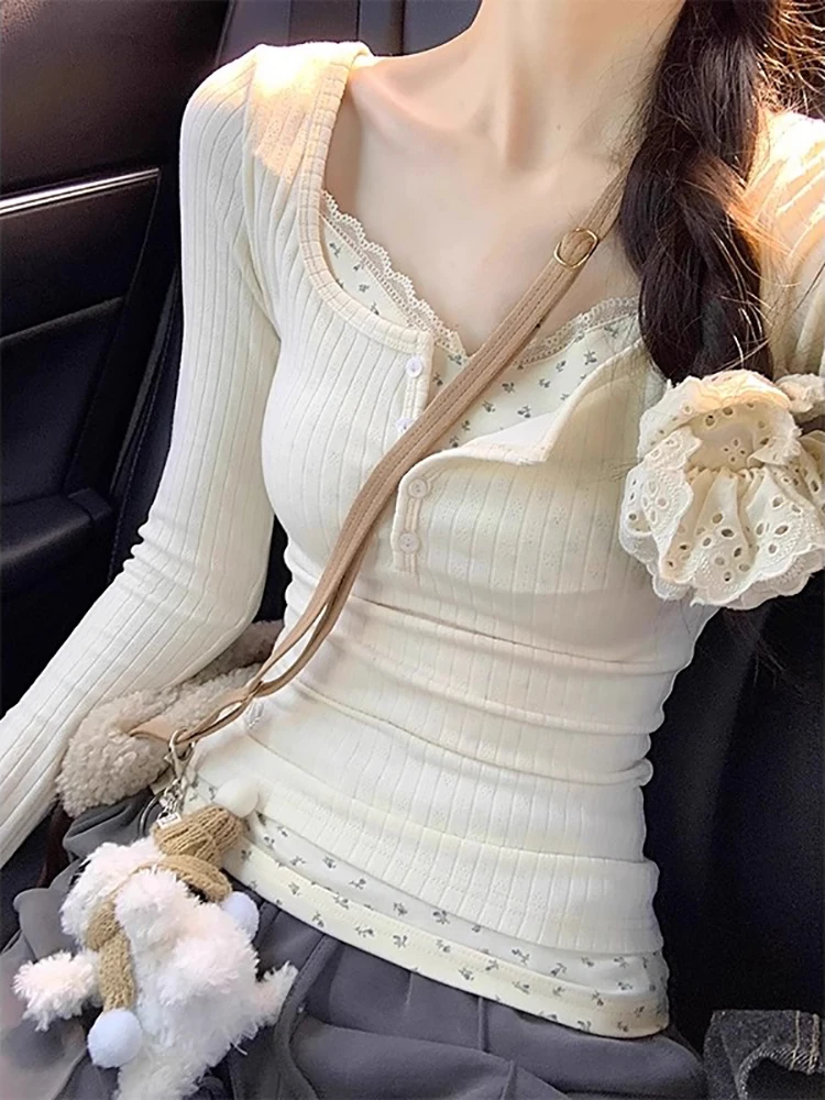 Cseta de Manga Larga con Encaje Estilo BM Pure Desire, Cseta Ajustada para Mujer, Capa Base Dulce y Picante, Versión Co...