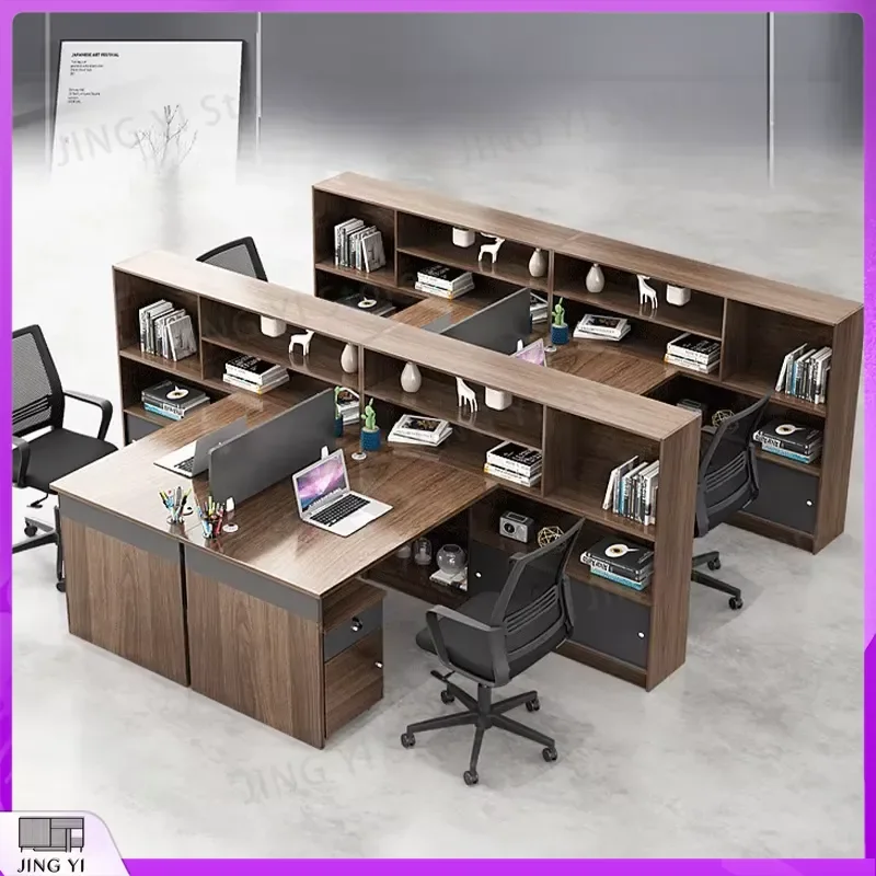 Modern Office Desk Workstation with Cabinet and Bookshelf Combination Double Financial Workstation Table for Business Use