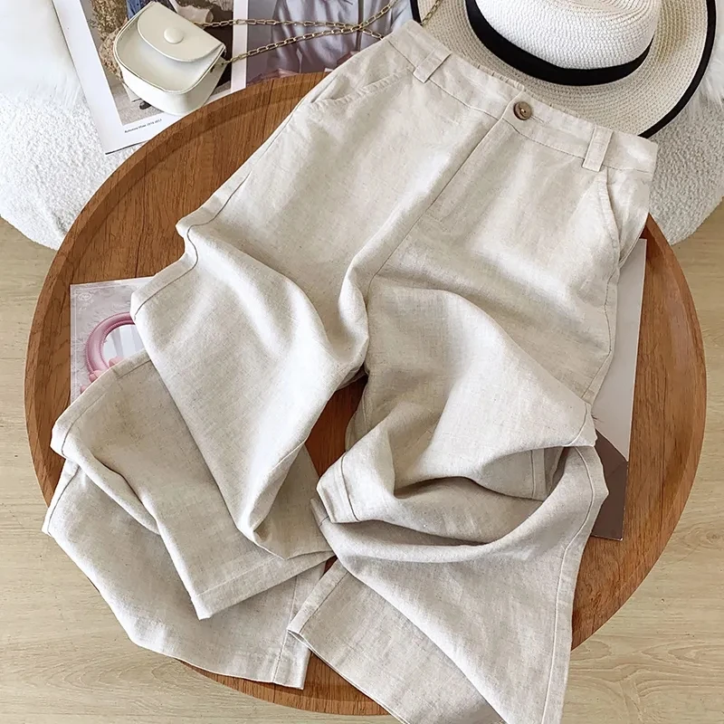 Thin Baggy Cotton Linen Pants Women Elegant High Waist White Wide Leg Pants Woman Casual Loose Straight Full Trousers Female New