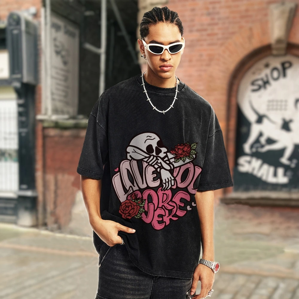 Skull Hip Hop Punk Short Sleeve Top Cotton Clothing Wonen T-shirts Rose Retro Cool Design Street Men's Washed Vintage T Shirts