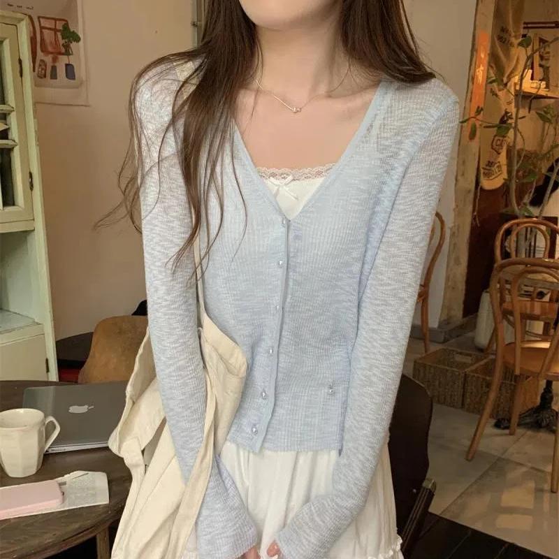 Office Lady Flattering V-Neck Women\'s Clothing Button Solid Color Cardigan Sweater Knitted Casual Coats Spring Autumn Tops