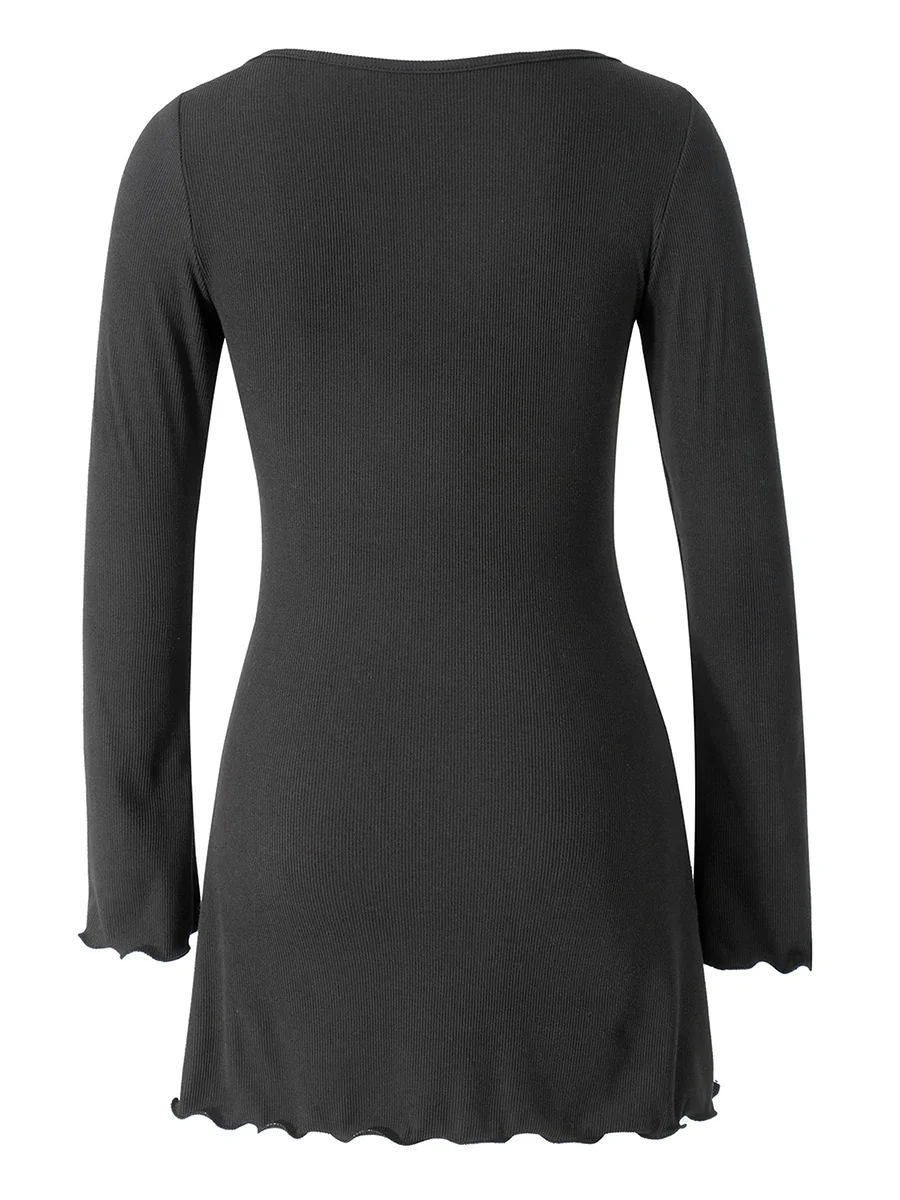 Women Casual A-Line Dress Ribbed Long Sleeve Ruffles Solid Color Elegant Dress V-Neck Slim Fit Mini Dress Fall New Streetwear