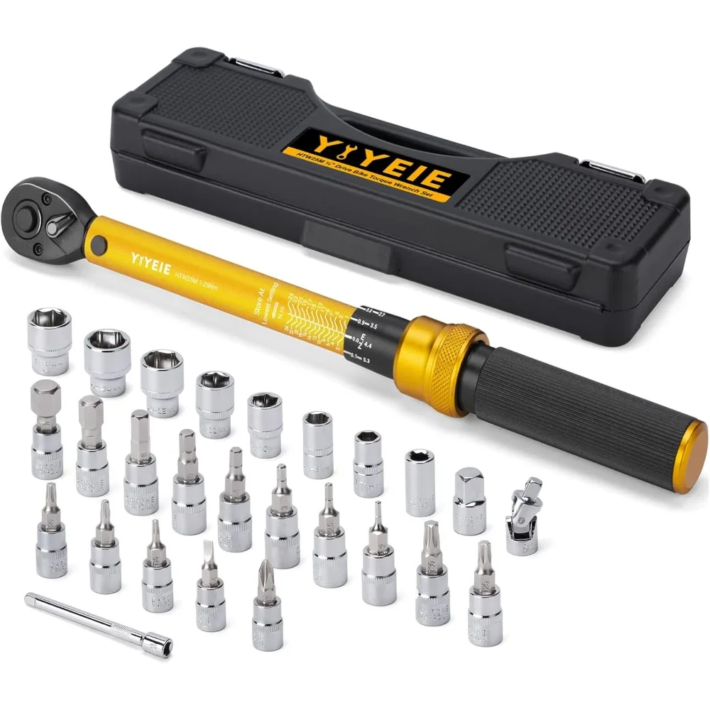 

1/4 Inch Drive Bike Torque Wrench, 1-25 Nm (10-222.5 in.lb), 27 PCS Click Bicycle Torque Wrench with Bit Sockets, 0.1 Nm Micro