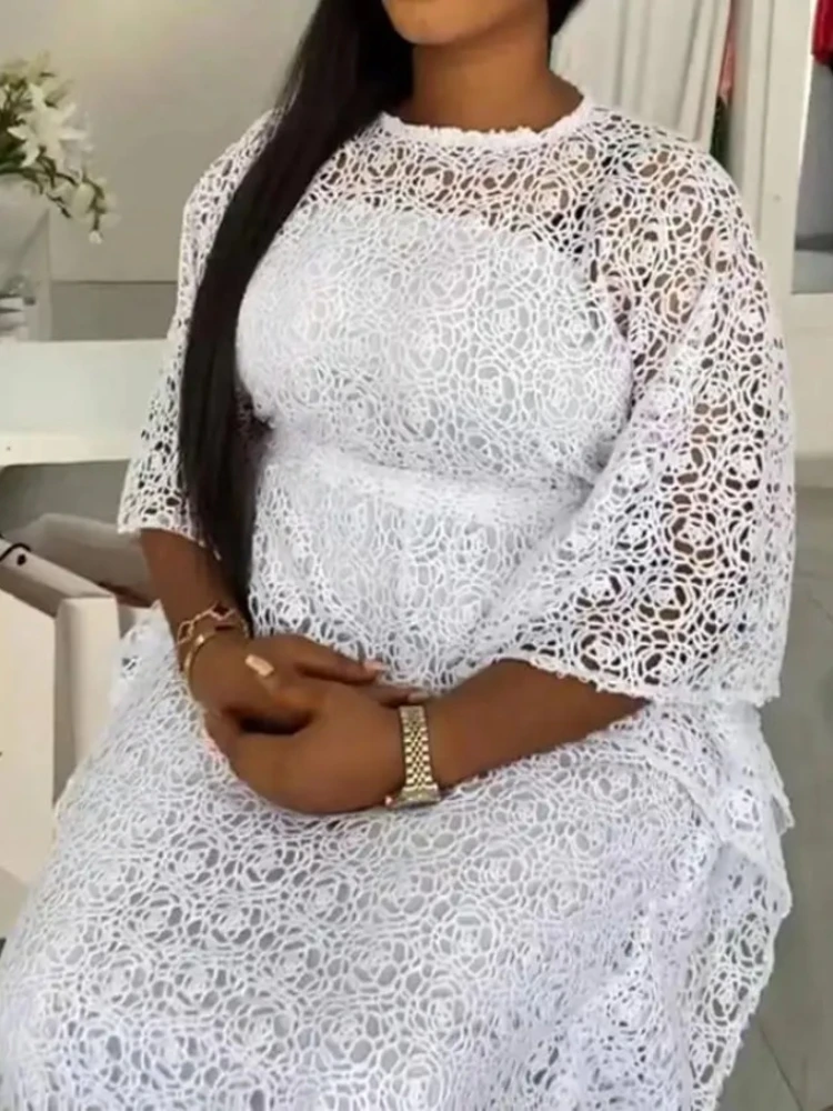 Plus Size Maxikleid Kleider Afrika Kleidung Afrikanische Hochzeit Party Kleider für Frauen Frühling Sommer Elegante 3/4 Ärmel Weiße Spitze