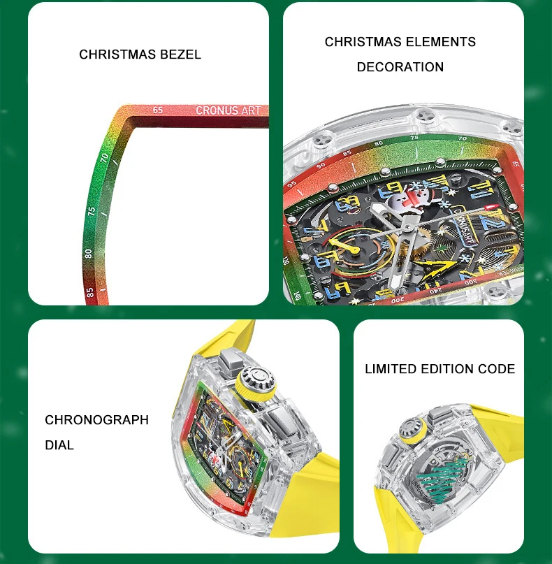 CRONUSART Jam Tangan Chronograph Pria Tonneau 50Mm * 42Mm Casing Safir Mekanis Natal Cermin Tali Karet Fluoro Edisi Terbatas
