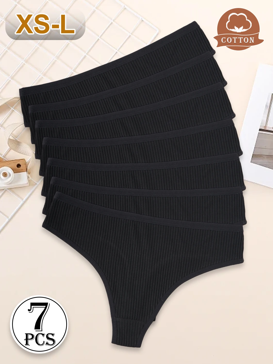 7PCS New Black Cotton Women's G-Strings Female Low Rise Striped Thongs Panties Sexy Bikini Breathable T-Back Intimates Lingerie - Image 3