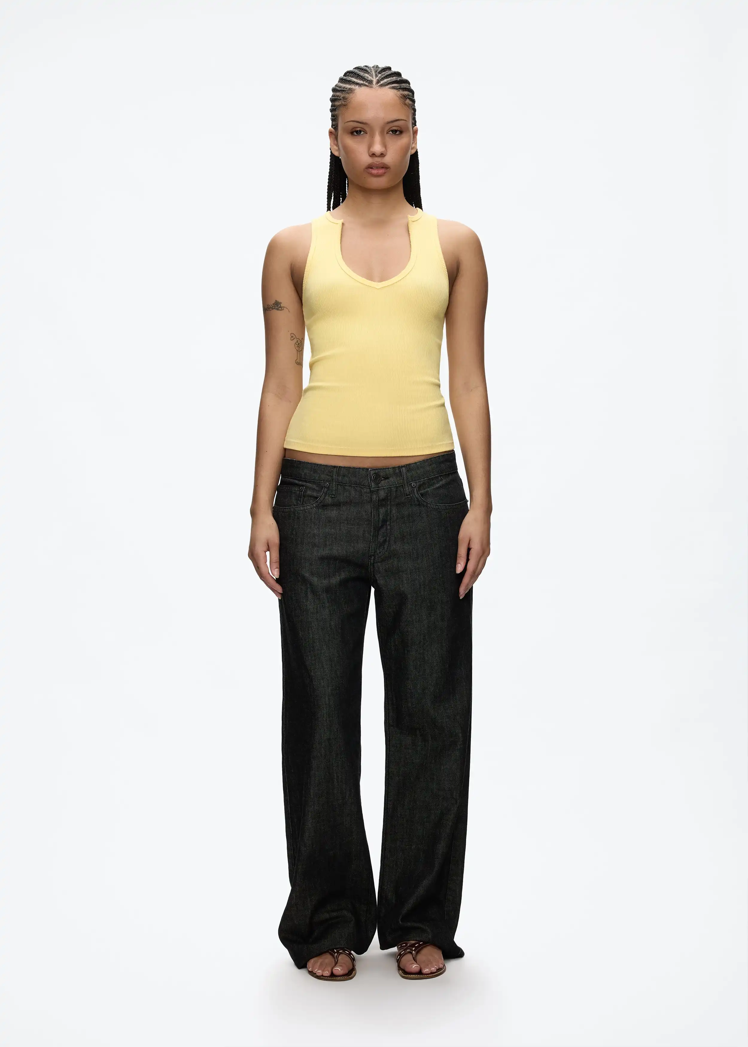 Tank Bright Yellow Wide Shoulder Strap Deep V-Neck Vest Fringed Design Sense Ribbed I-Shaped Back Short Top