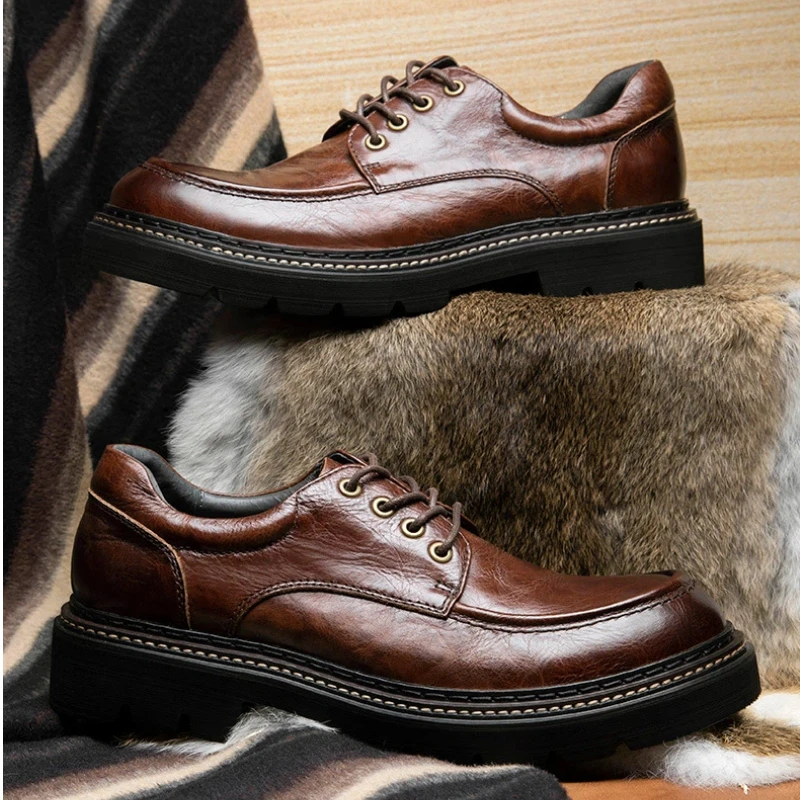 Men's Fleece Lined Derby Shoes, Chunky Platform Sole Lace-Up Boots for Winter, Retro Business Casual Handmade Leather Shoes