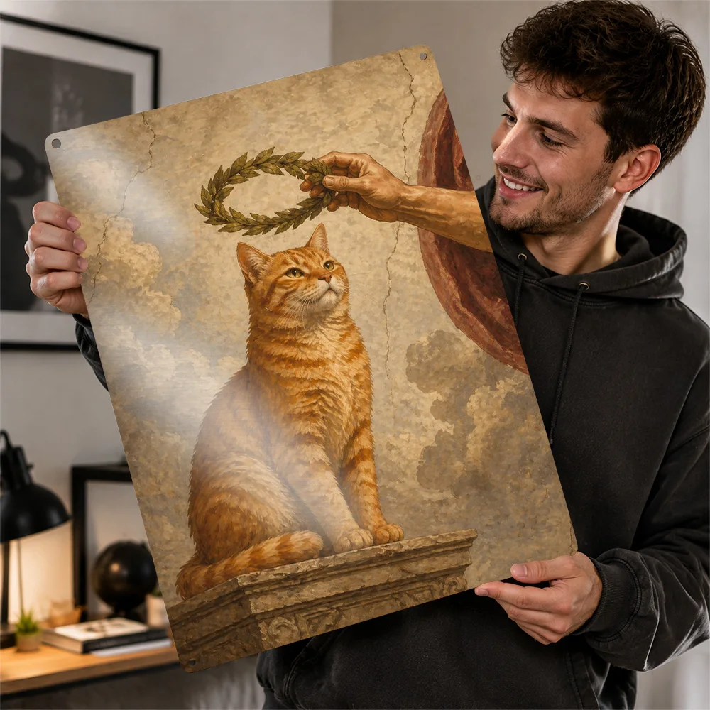 Orange Cat Crowned With Laurel Wreath Printed Poster Renaissance Wall Art For Study Customized Aluminum Metal Sign Birthday Gift